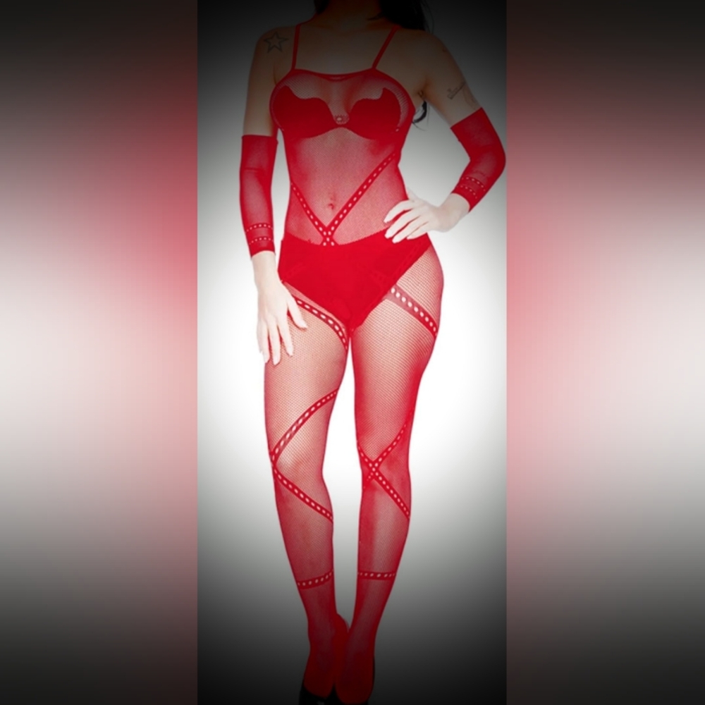 One piece fishnet body stocking with arm covers
